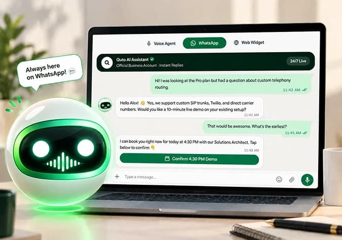 Quto AI WhatsApp Business Agent interface displaying instant customer conversation and demo confirmation